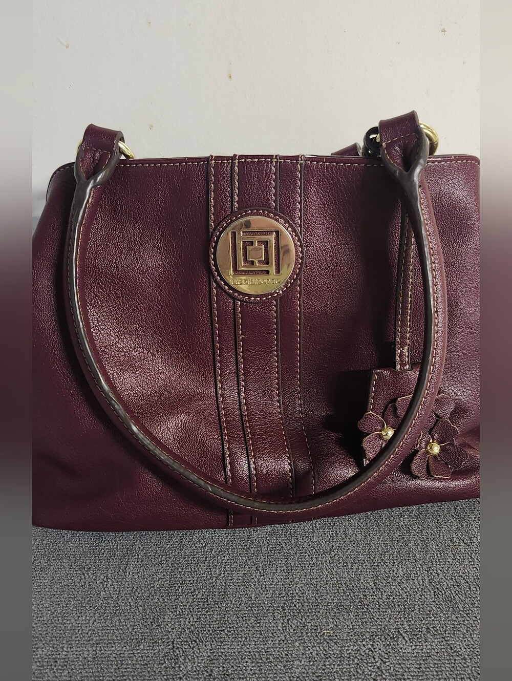 Burgandy Floral Accent Satchel Handbag